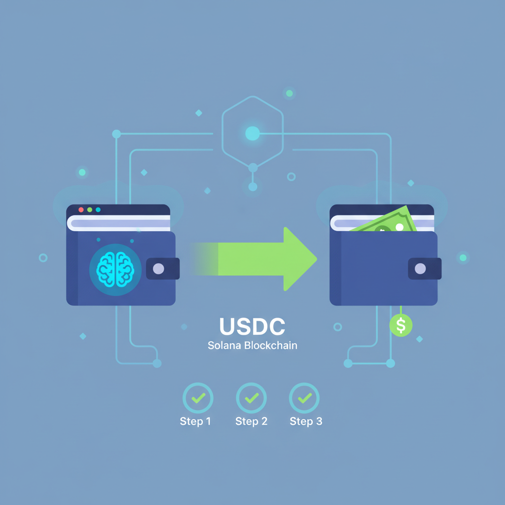 AI agent wallet sending USDC tokens on Solana blockchain, green transaction arrow, blockchain nodes glowing