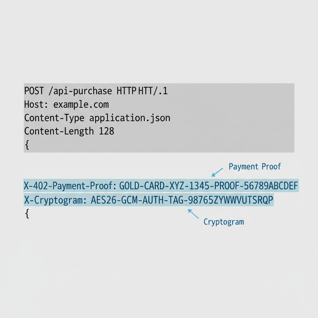 HTTP request headers showing x402 payment proof and cryptogram