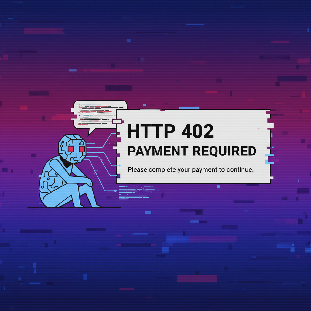 HTTP 402 error screen with payment required warning, AI agent analyzing response, digital glitch art