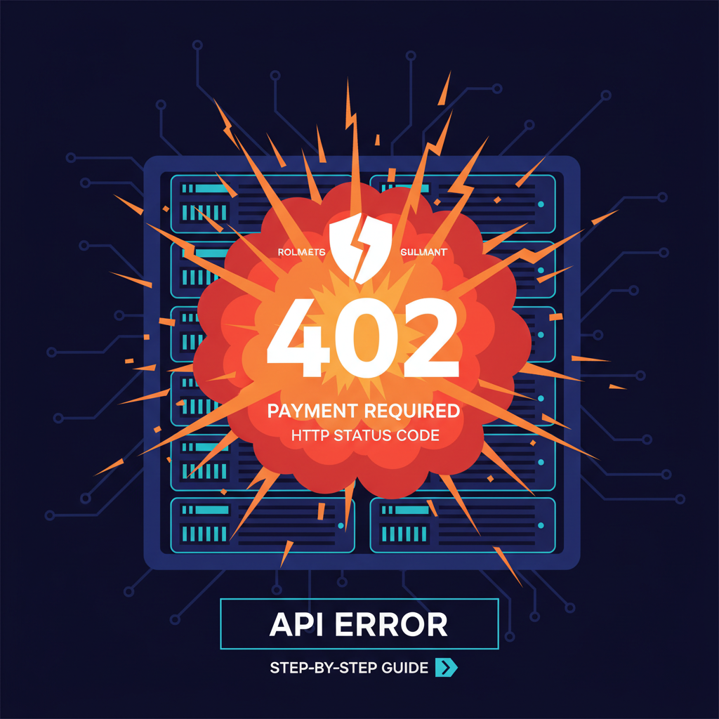 server API exploding with 402 error code, fiery HTTP status, dark tech aesthetic