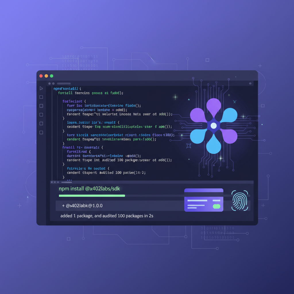 Developer terminal installing npm package x402Labs SDK, clean code interface, Solana logo glowing, futuristic AI payment theme