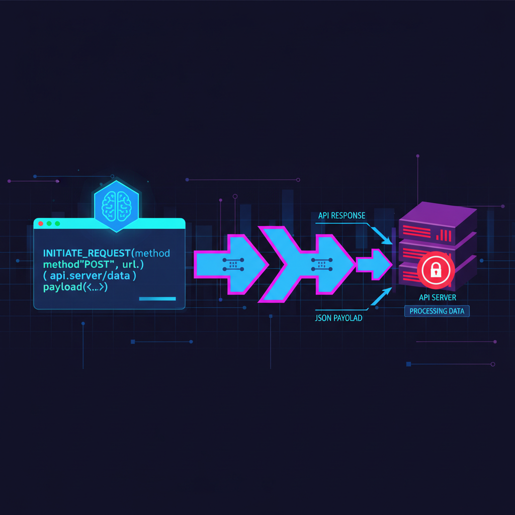 AI agent code sending HTTP request to API server, network arrows, cyberpunk style