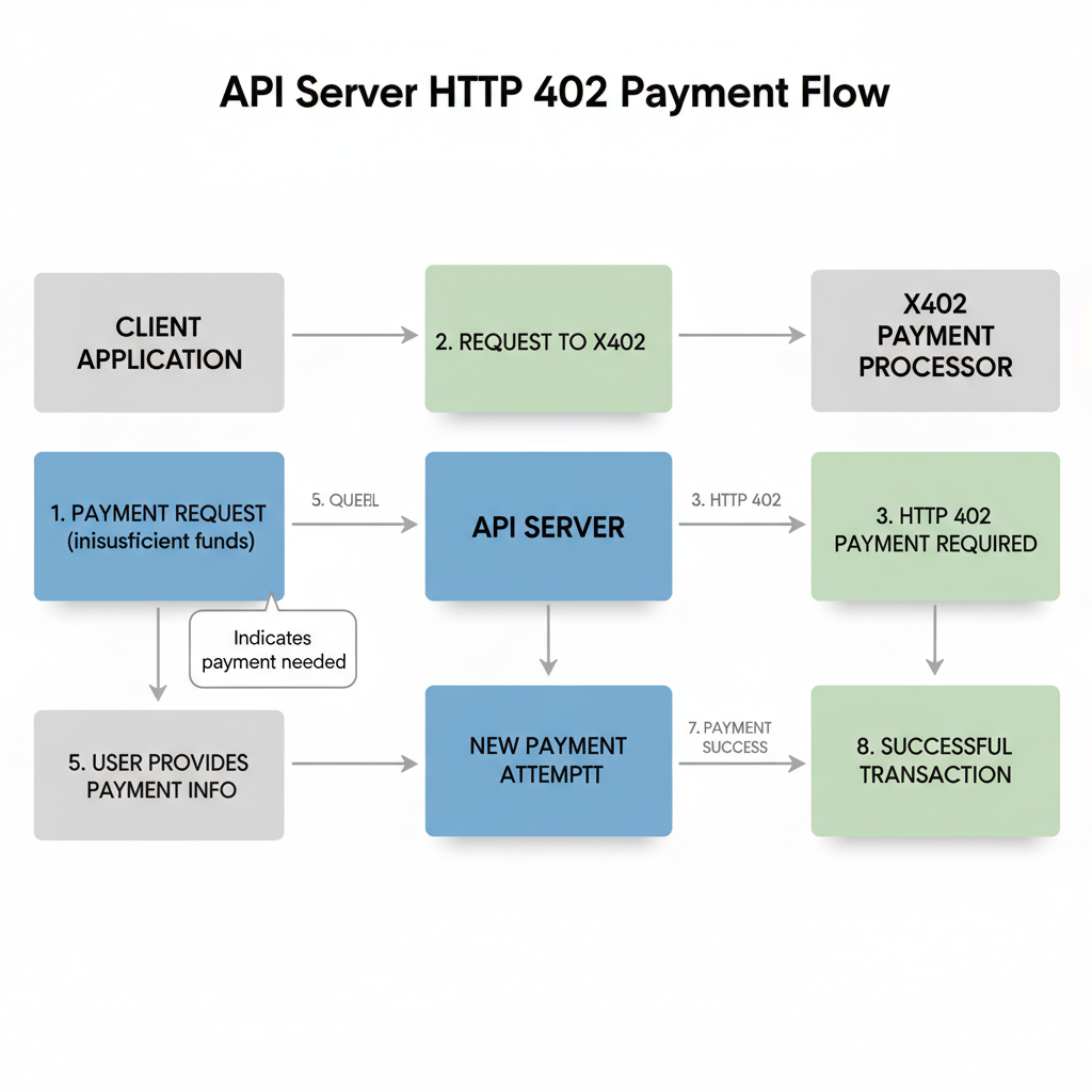 professional diagram of API server integrating x402 payment processor with HTTP 402 flow, clean technical illustration
