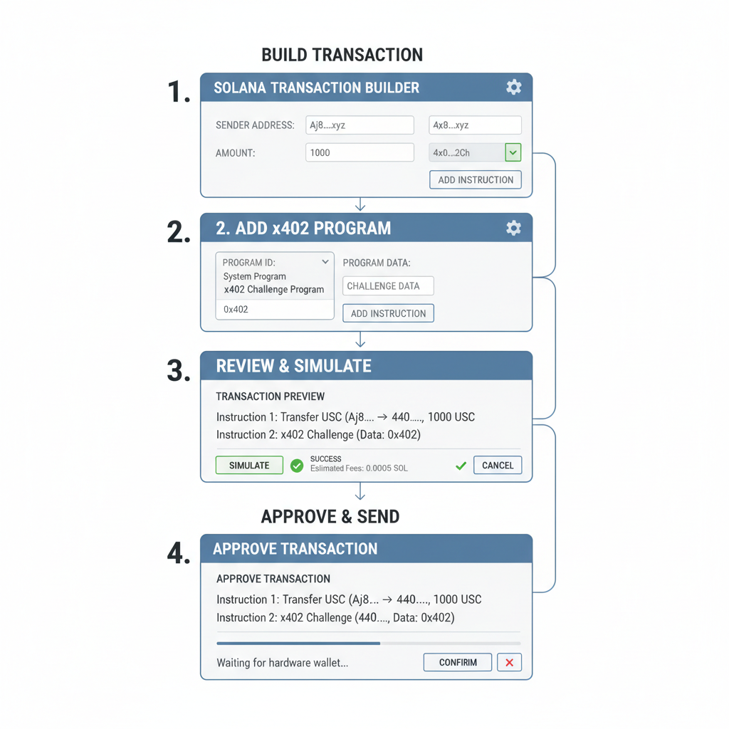Solana transaction builder UI USDC transfer x402 challenge diagram