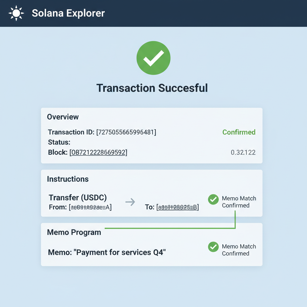 Solana blockchain explorer screenshot verifying USDC transfer with memo match
