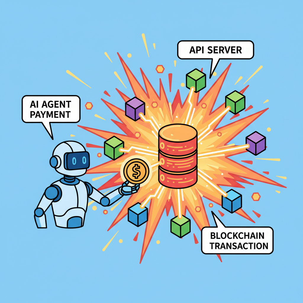 AI agent robot making payment to API server, blockchain nodes connecting, explosive action scene