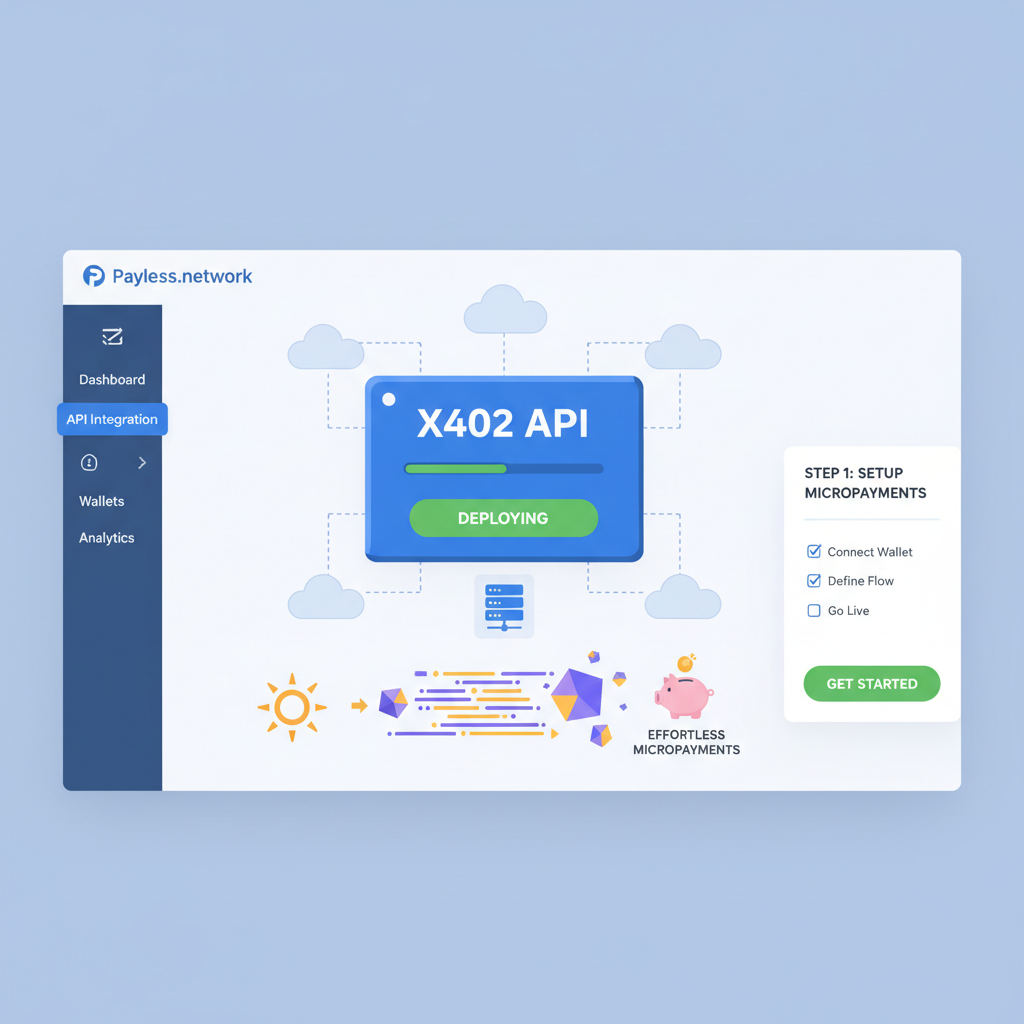 Payless.network dashboard deploying x402 API, serverless cloud icons, Solana transactions flowing, effortless micropayments setup