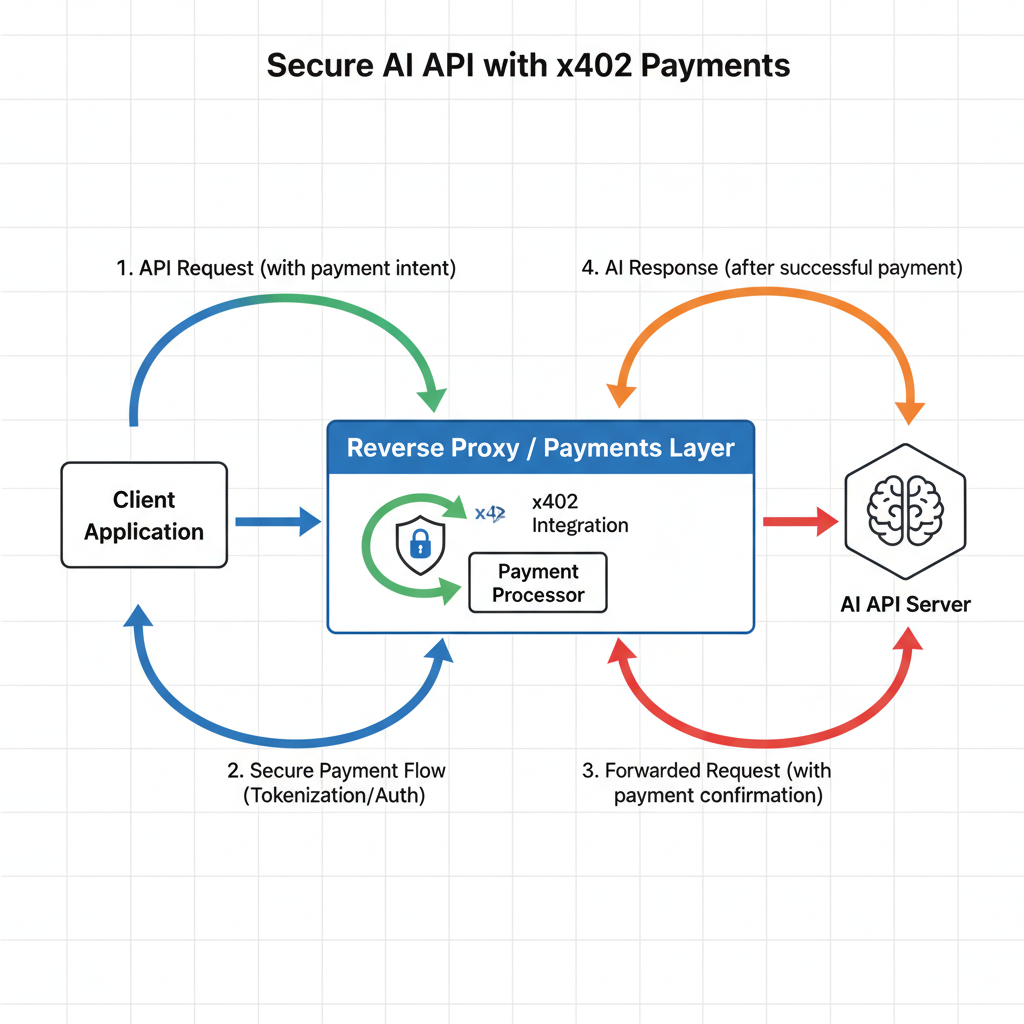 illustration of reverse proxy layer adding x402 payments to AI API server, secure payment flow arrows, technical style