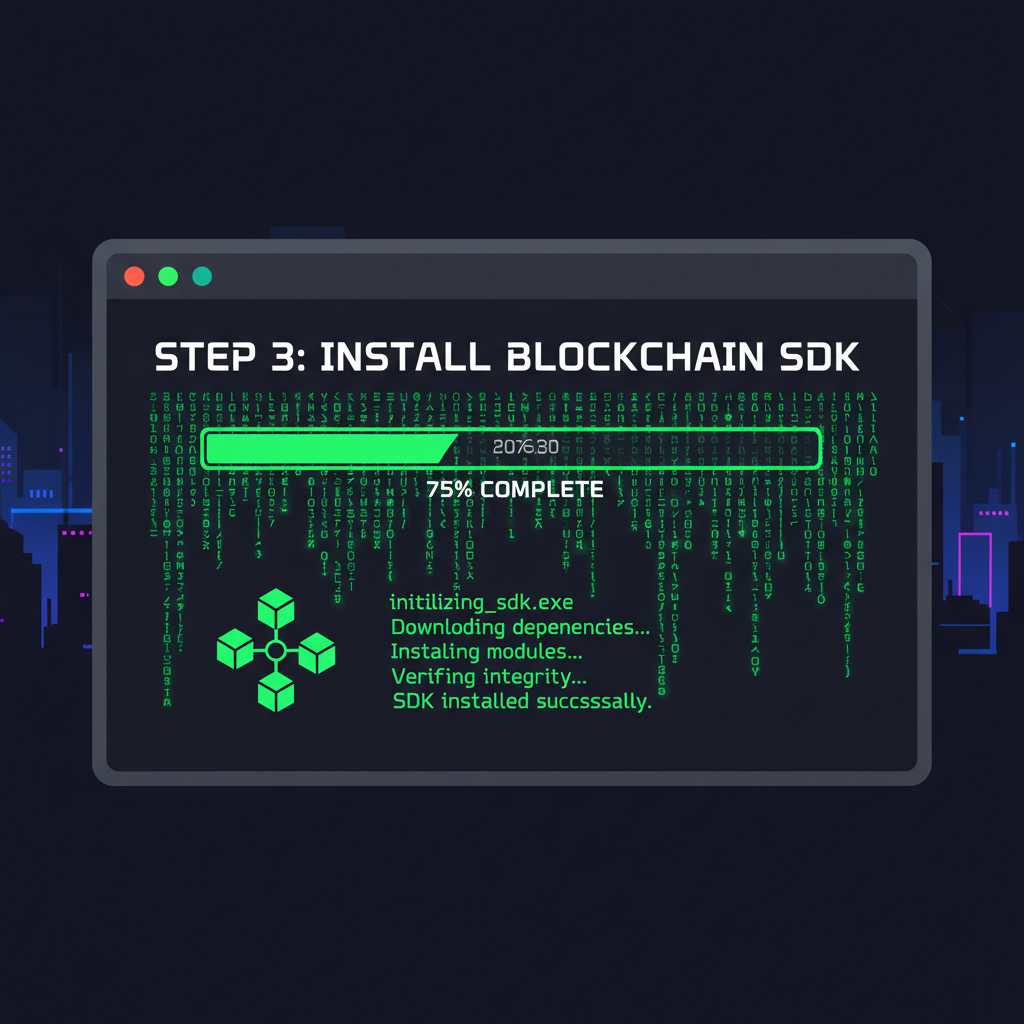 cyberpunk terminal installing blockchain SDK, neon green code raining down