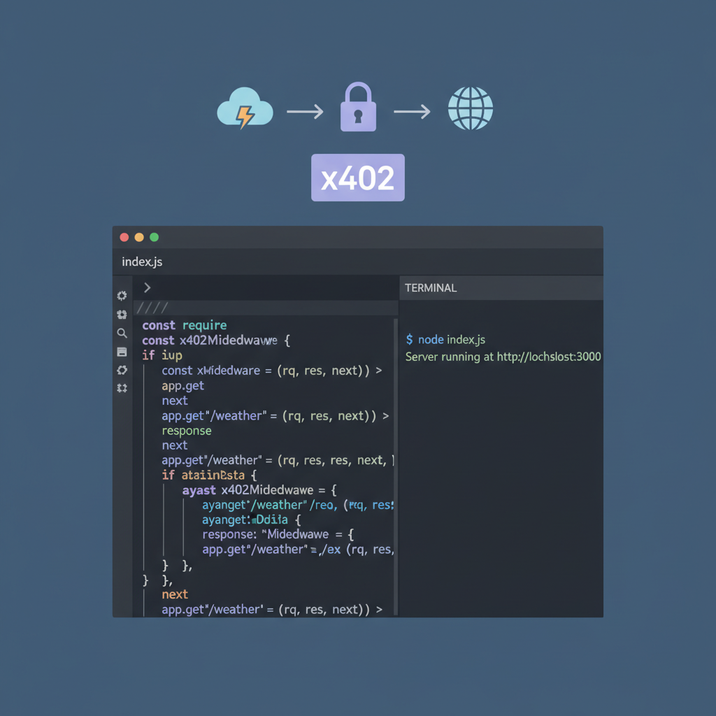 code snippet in VS Code showing Express.js server with x402 middleware for weather API endpoint