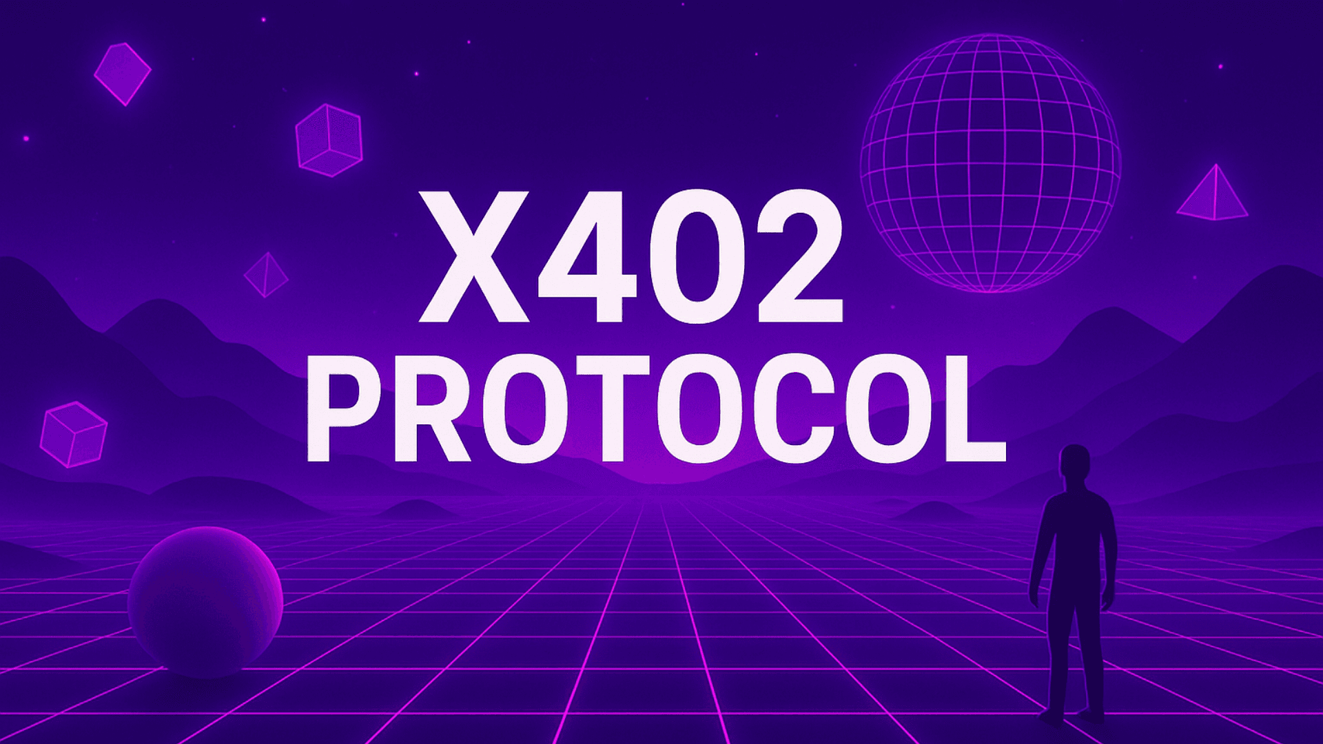 Futuristic diagram of AI agent sending micropayment via x402 protocol to access inference API endpoint