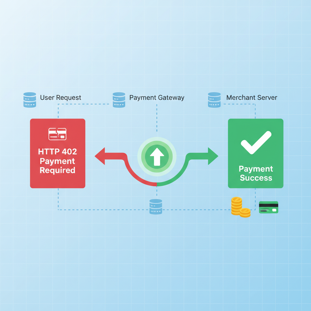HTTP 402 error transforming into payment success, green checkmark, network diagram