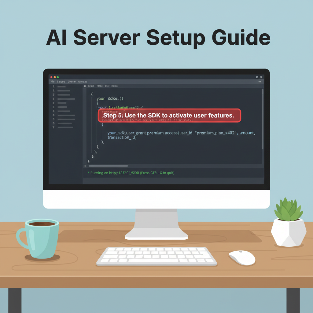 Python code snippet integrating SDK into AI server with x402 payment success flow, developer workspace aesthetic