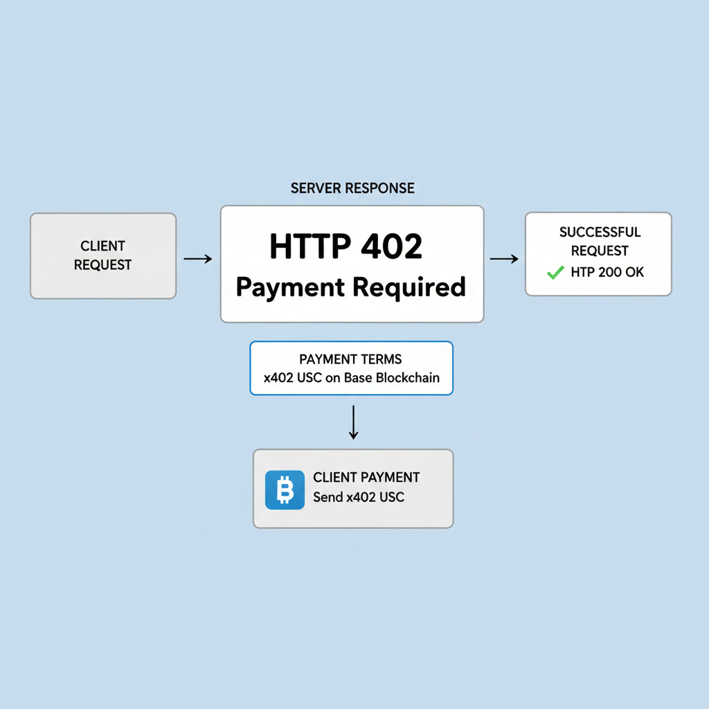 clean diagram of HTTP 402 response with x402 USDC payment terms on Base blockchain