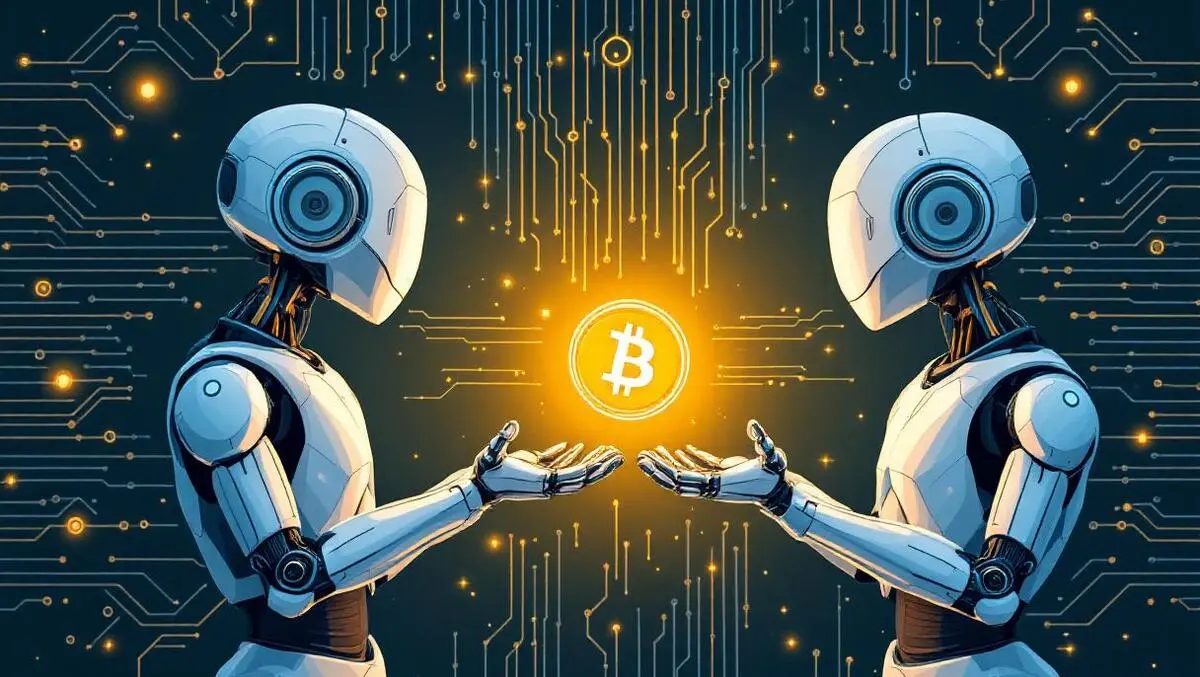 Futuristic digital illustration of an AI agent autonomously making HTTP 402 micropayment via x402 protocol for AI API inference in a cyber network